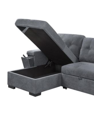 95"W Gray Woven Fabric Reversible Sleeper Sectional Sofa with Storage Chaise Cup Holder Charging Ports and Pockets