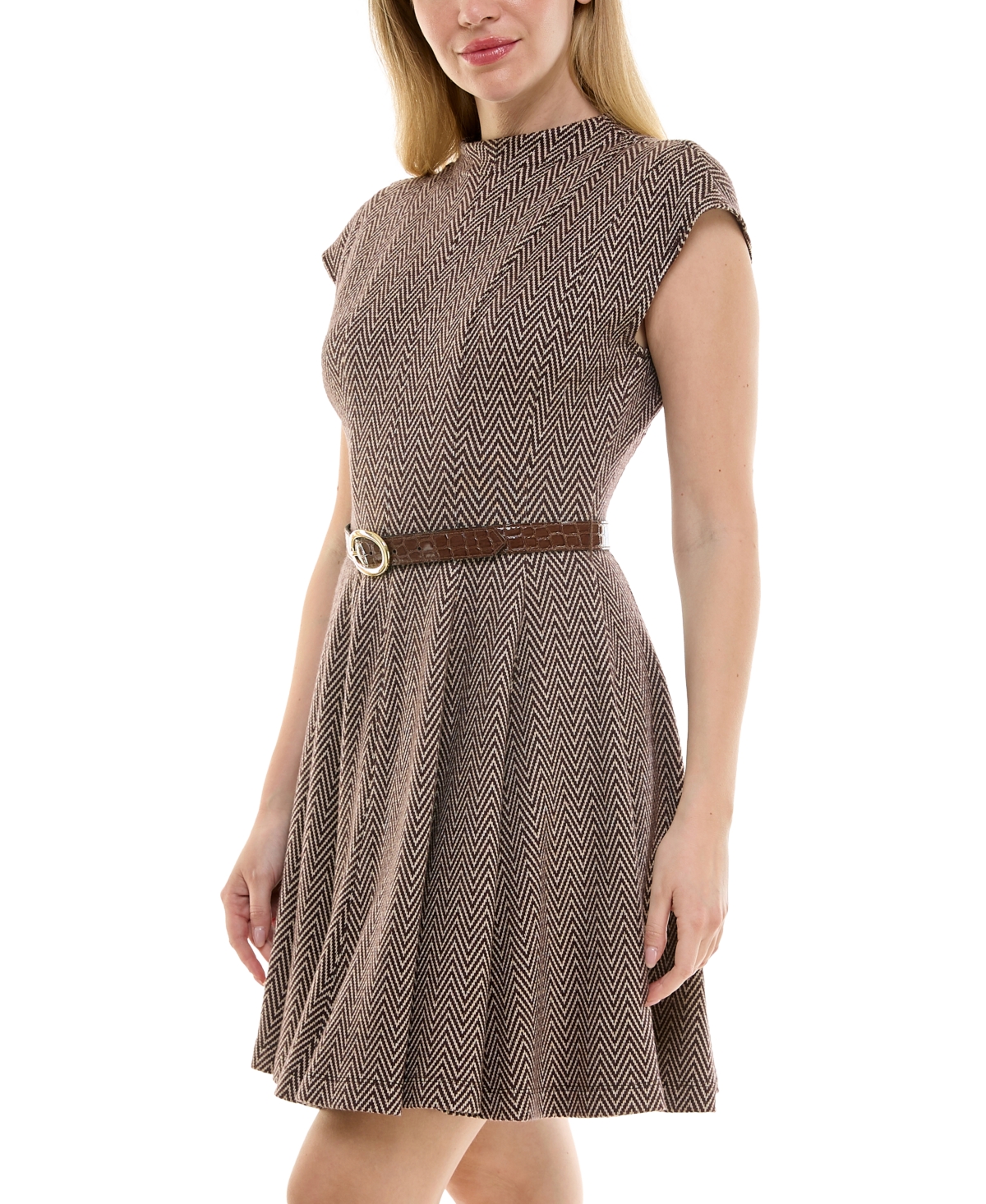 Taylor Petite Jacquard Mock-neck Belted Fit & Flare Dress In Brown