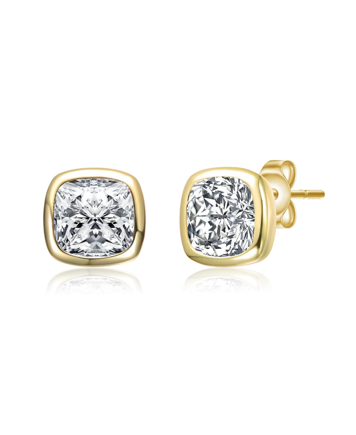 Sterling Silver 14K Gold Plated with Bezel Set Clear Cubic Zirconia Stud Earrings - Gold