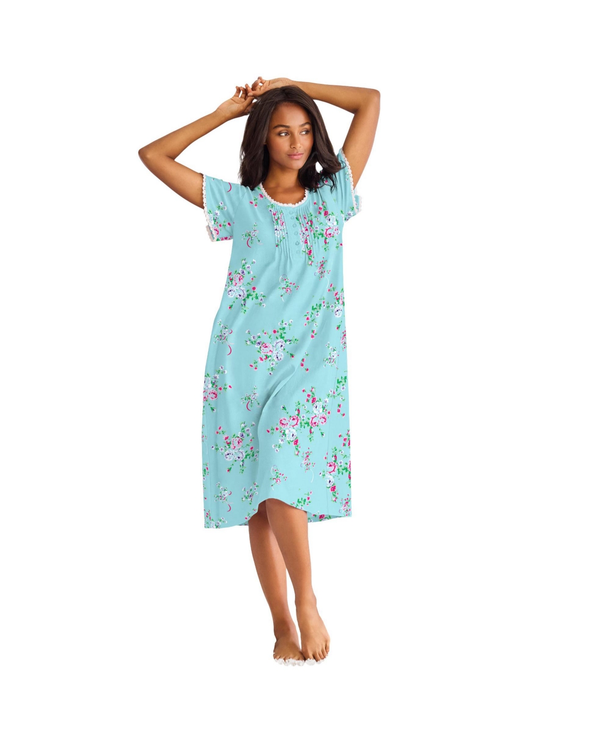 Only Necessities Women's Short Pintuck Knit Gown - Green floral