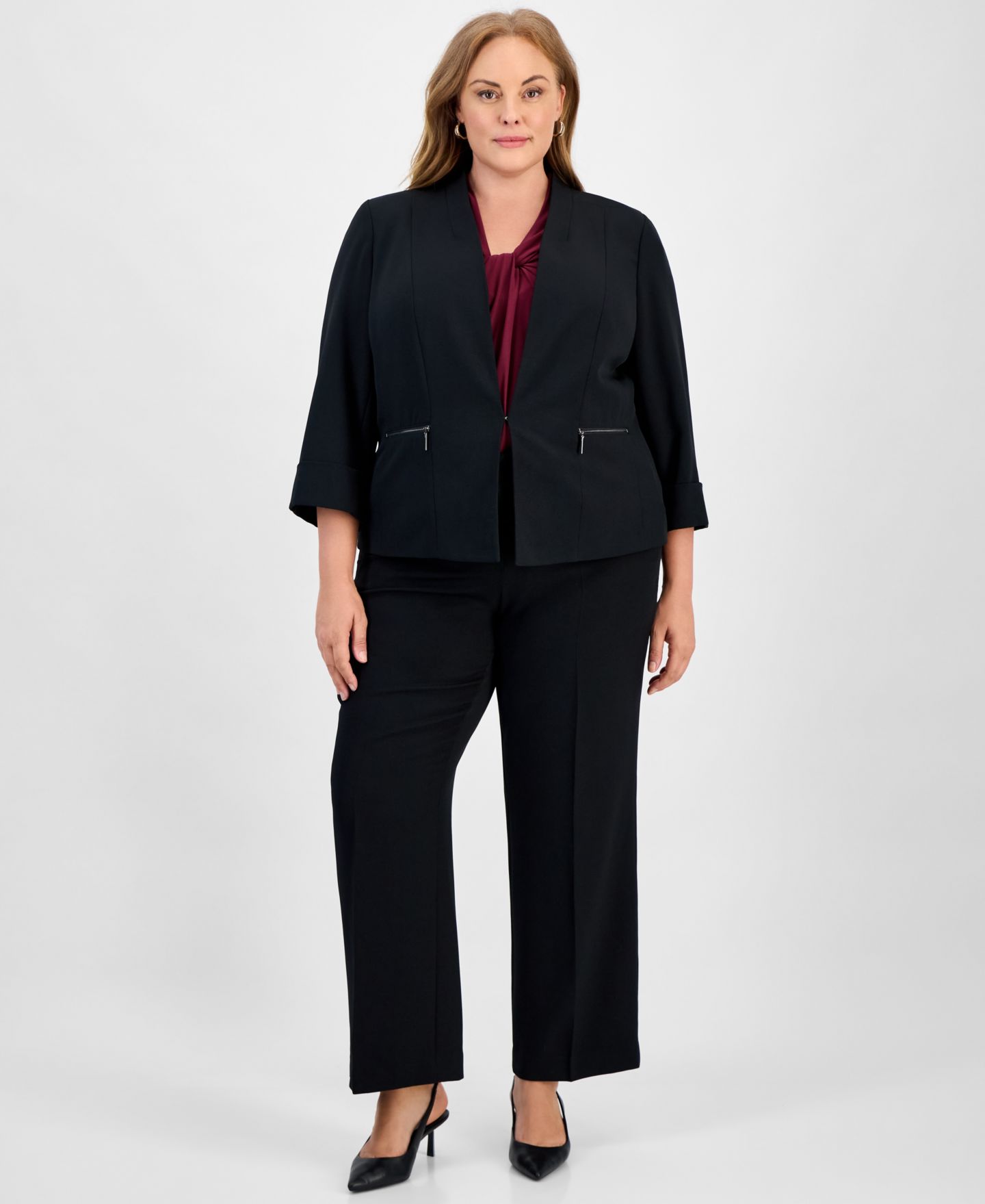 Женский пиджак Kasper Plus Size Stretch Crepe Collarless Open Front Blazer, цвет: Чёрный — фото 6