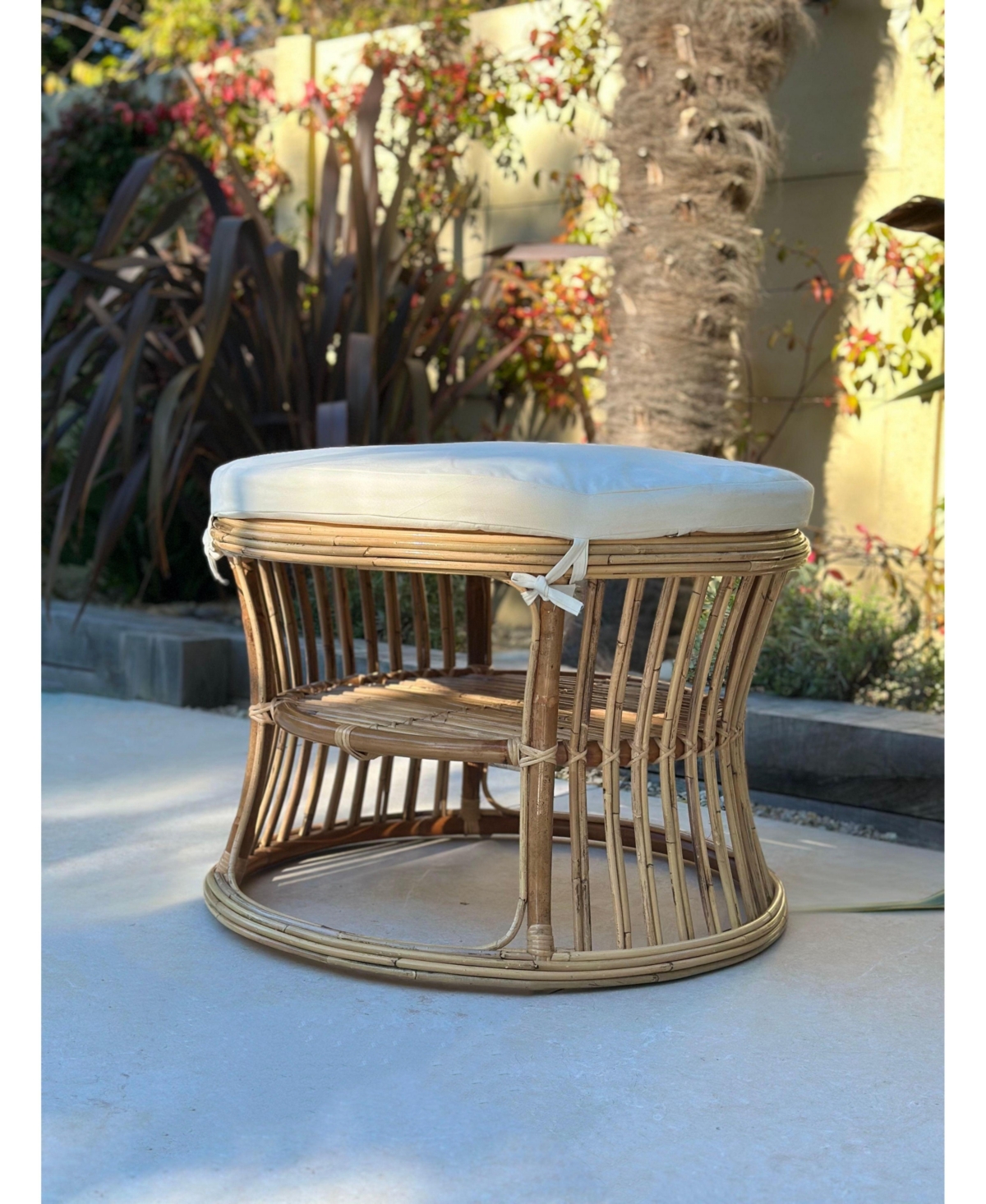 Nordlys - Natural Rattan and Beige Fabric Pouf Exotic Boho Upholstery Living Room