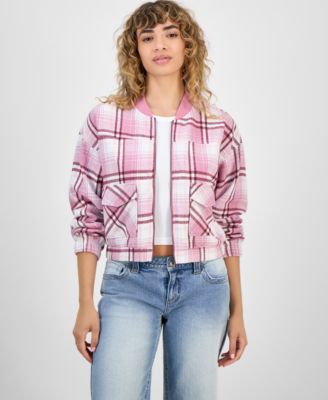 Madden Girl - Juniors' Plaid-Print Bomber Jacket