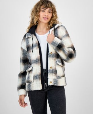 Juniors' Plaid Sherpa Hoodie Shacket