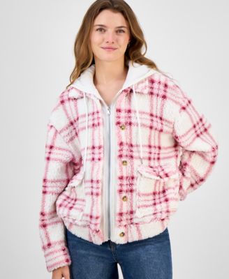 Juniors' Plaid Sherpa Hoodie Shacket