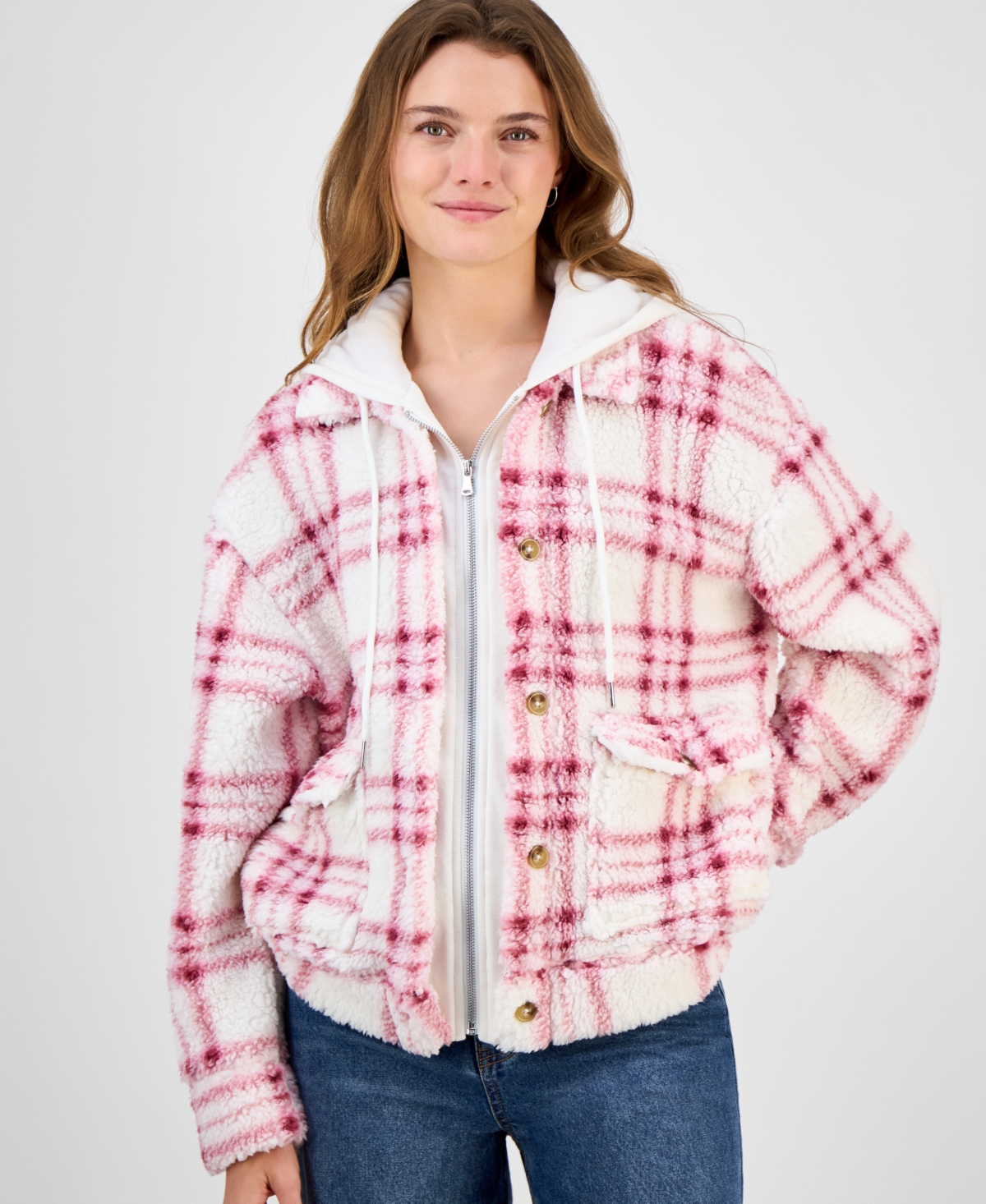 Madden Girl Juniors' Plaid Long-sleeve Sherpa Jacket In Multi