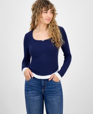 Juniors' Ribbed Layered-Look Long-Sleeve with Bow