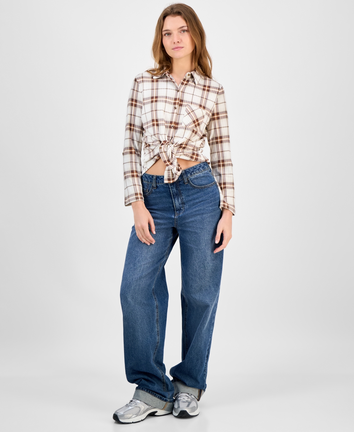 Just Polly Juniors' Plaid Knit Shirt In Multi