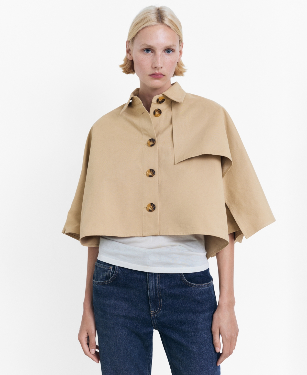 Women's Cape Style Cropped Trench Jacket - Medium Brown