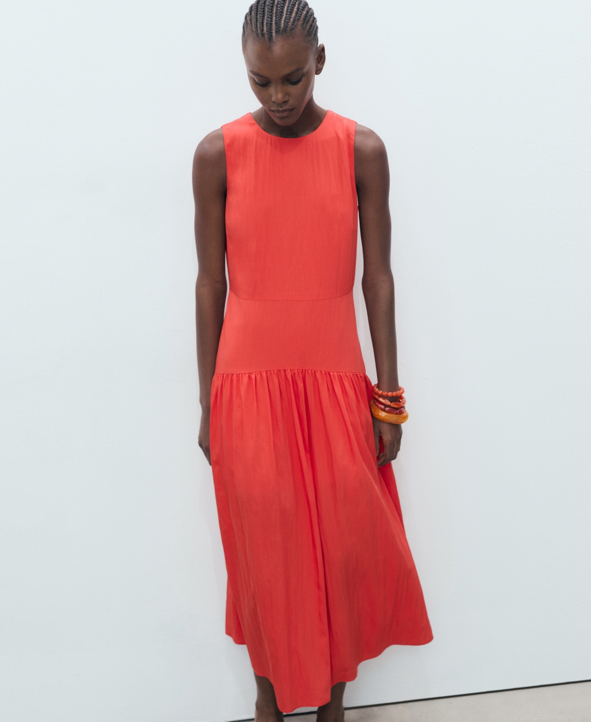 Mango Long Dress With Gathered Hem Intense Red In Red