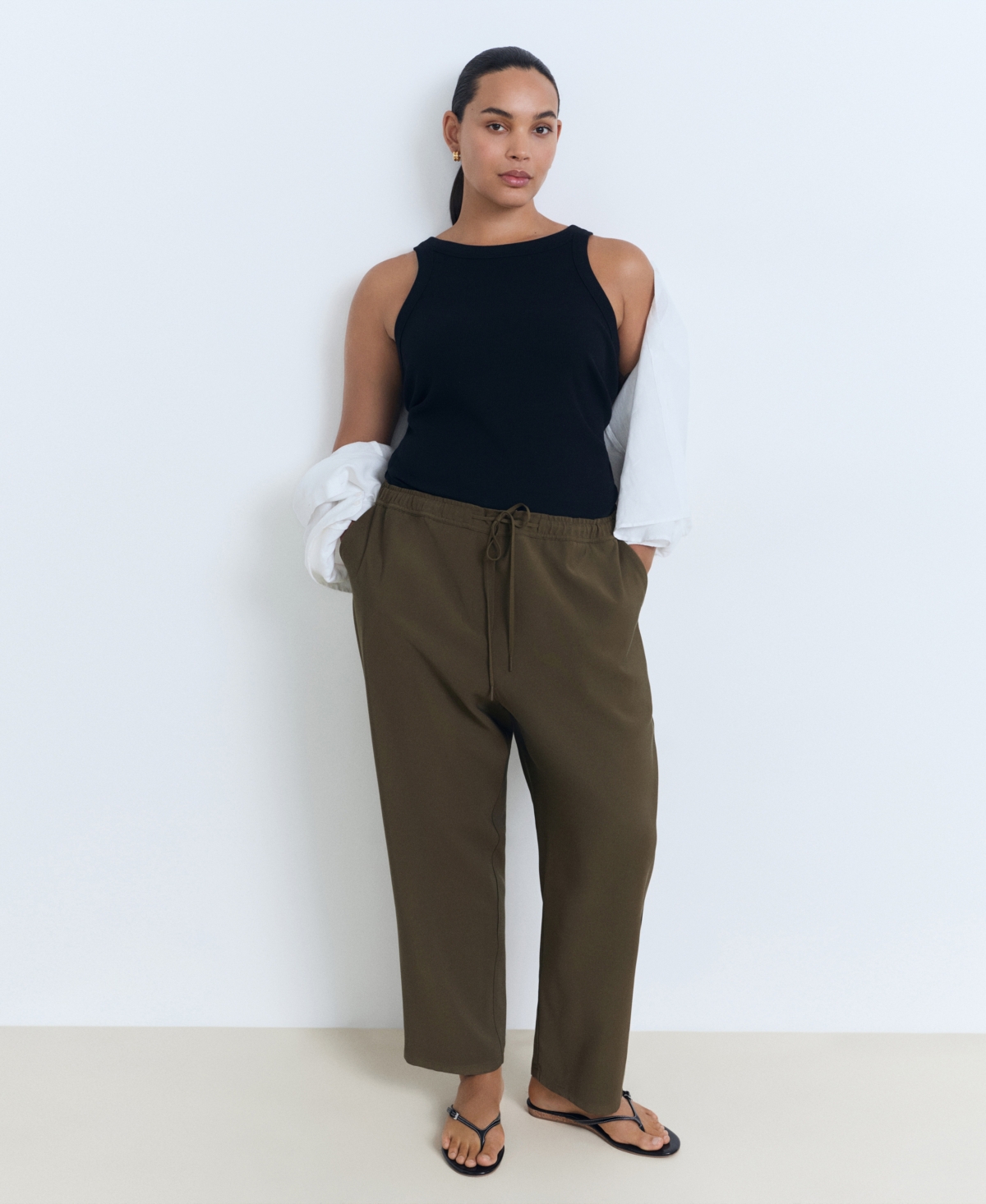 Mango Elastic Waist Flowy Pants In Green