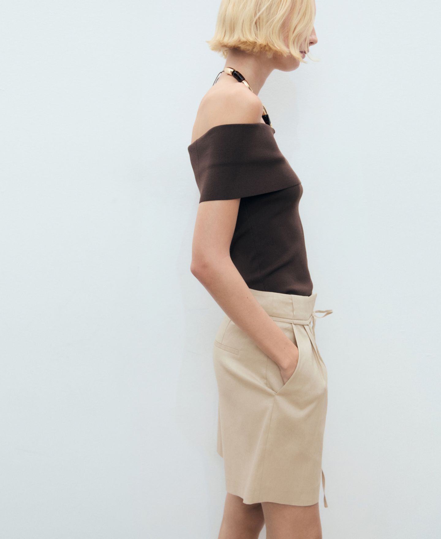 Женские шорты Mango Bow Belt Linen, цвет: Бежевый — фото 3