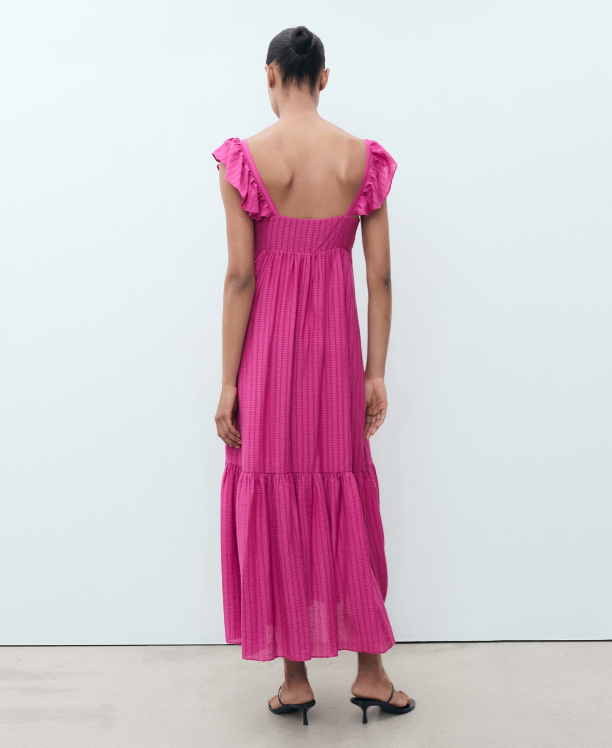 Mango Long Dress With Ruffle Neckline Fuchsia In Multi