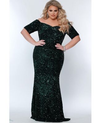 Women's Velvet Sequin Short Sleeve Plus Size Evening Gown