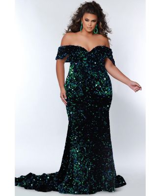Women's Off the Shoulder Plus Size Sequin Velvet Fitted Formal Gown