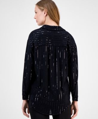 Women's Metallic-Stripe Split-Neck Blouse
