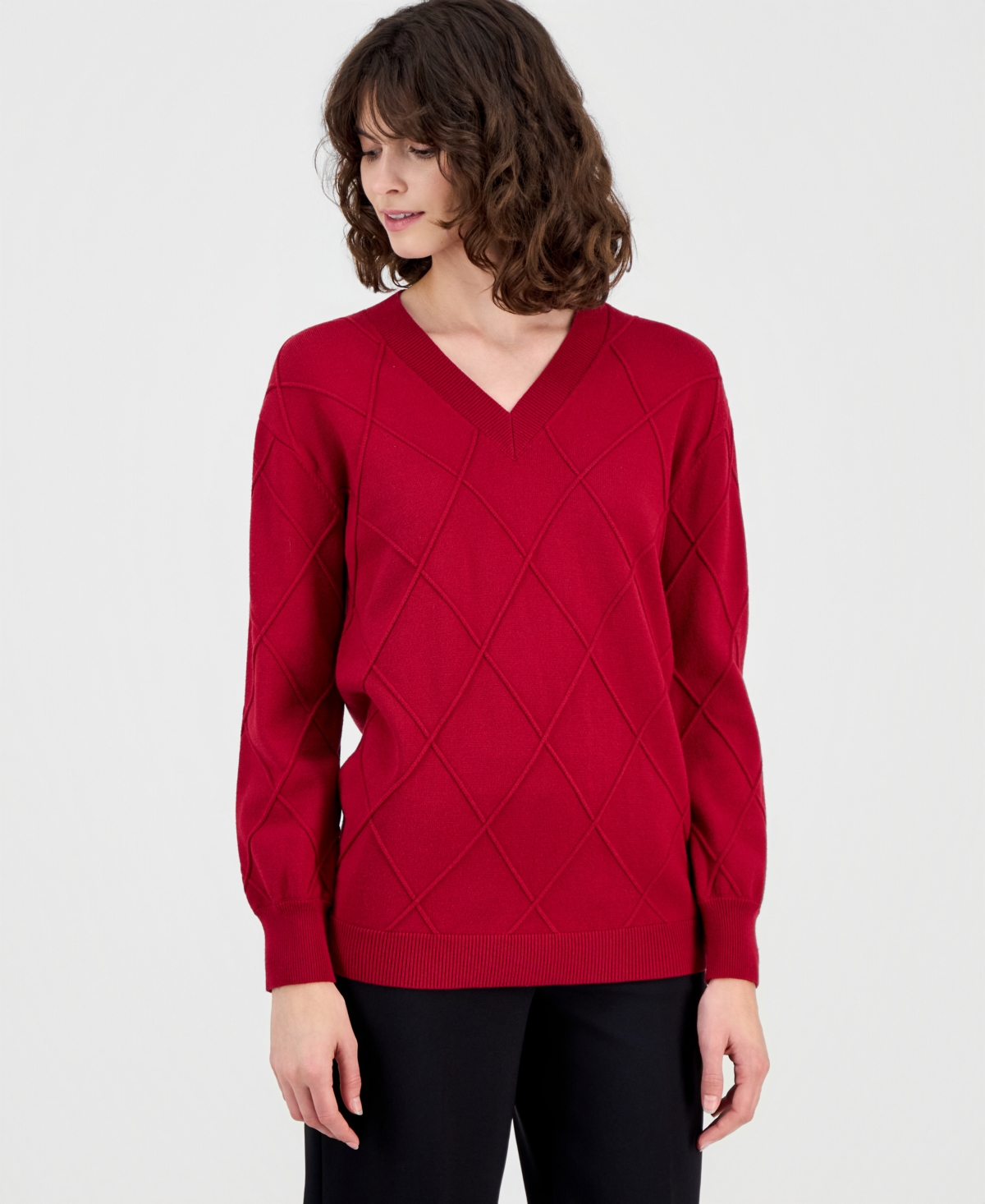 Anne Klein Women's Diamond Knit V-neck Sweater In Red