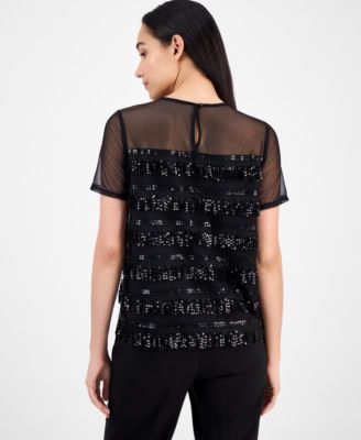 Women's Crewneck Sequin-Fringe-Trim Top