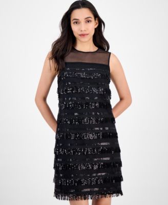 Women's Sequin-Fringe Sleeveless Shift Dress