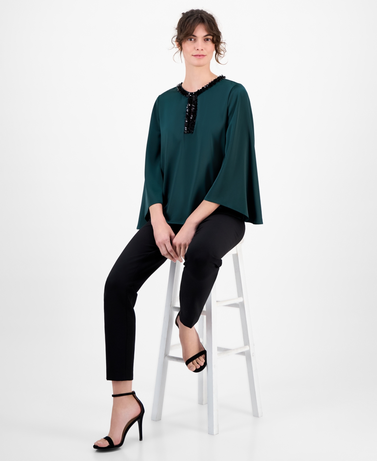 Anne Klein Sequin Accent Flutter Sleeve Satin Top In Green