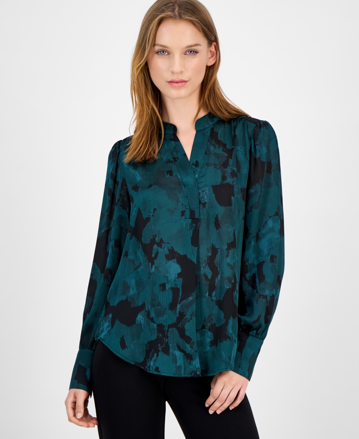 Anne Klein Women's Floral Satin Pleat-Front Blouse