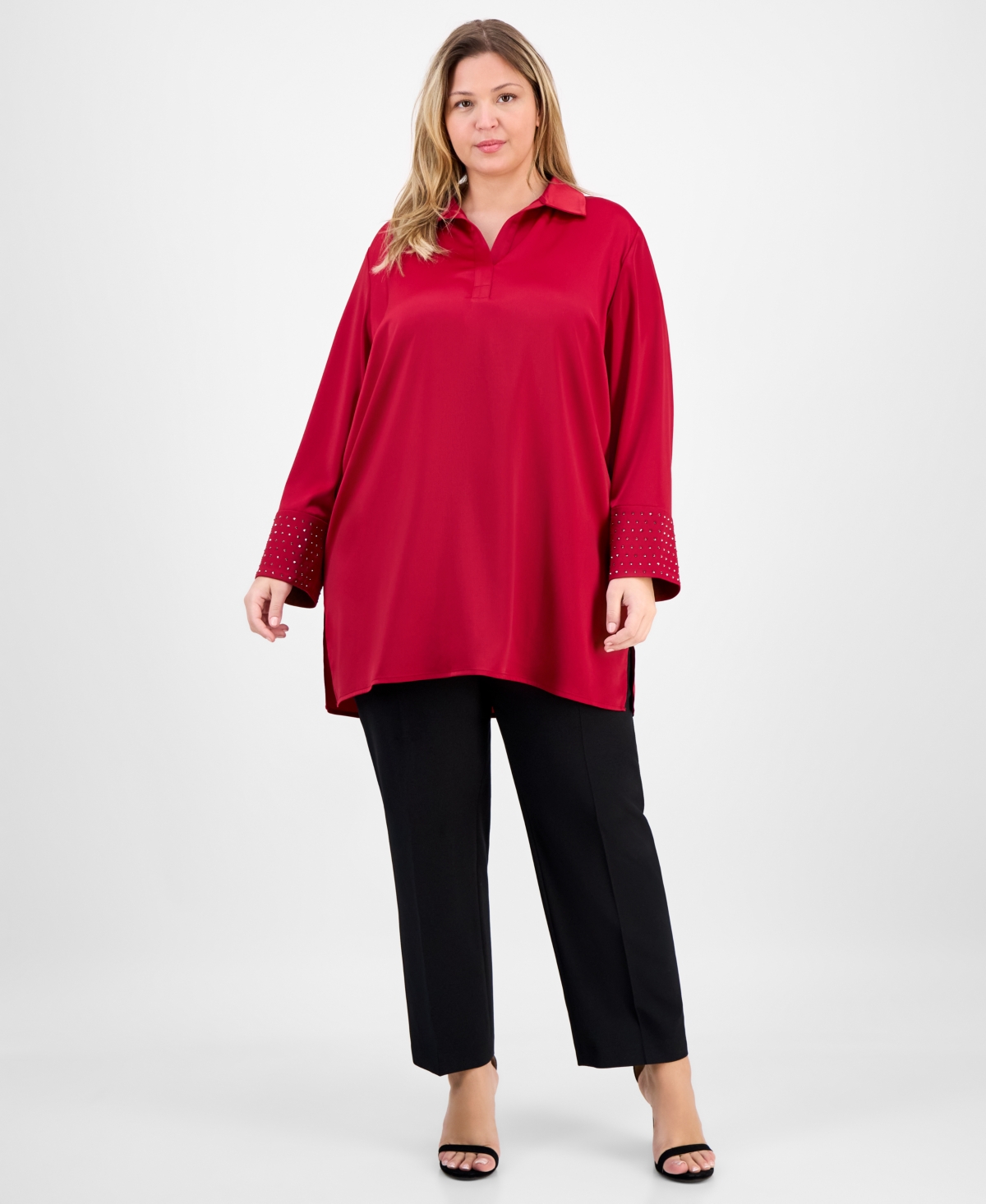 Anne Klein Plus Size Satin-collar Embellished-cuff Tunic In Red