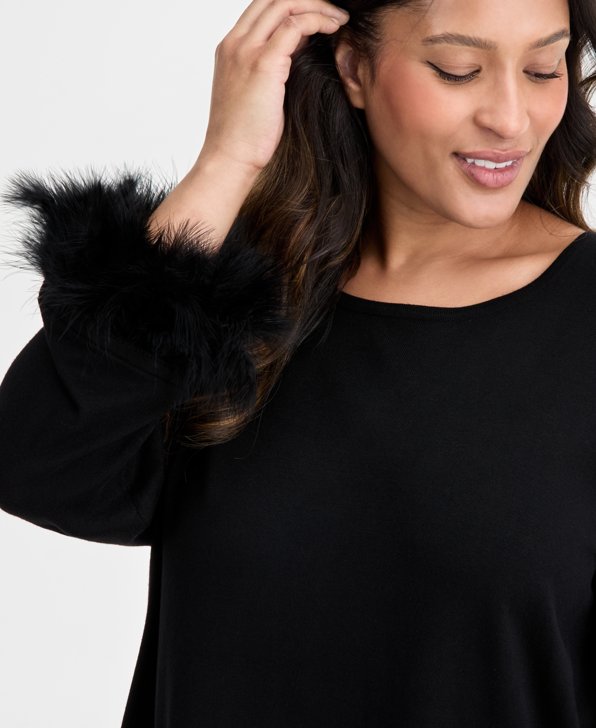 Anne Klein Plus Size Feather-cuff Long-sleeve Sweater In Black