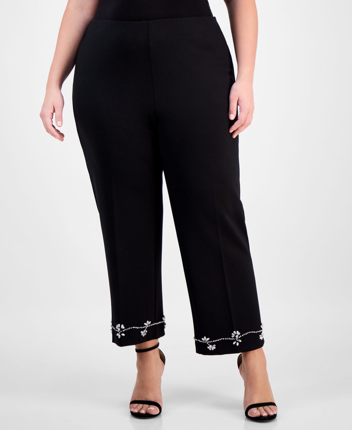 Anne Klein Plus Size Embellished High-rise Kick-flare Pants In Black