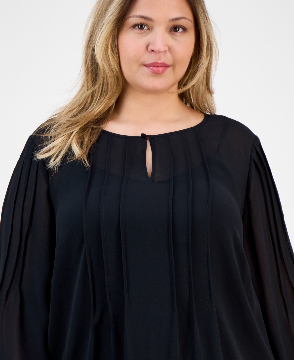 Anne Klein Plus Size Chiffon Pintuck Flutter-sleeve Blouse In Black