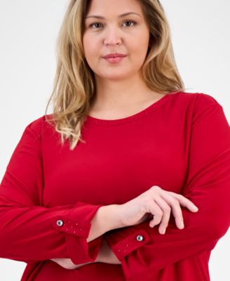 Plus Size 3/4-Sleeve Roll-Tab Crewneck Top
