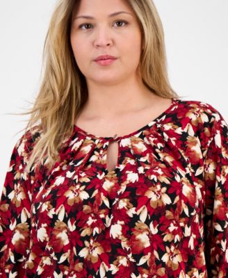 Plus Size Printed 3/4-Sleeve Keyhole Blouse