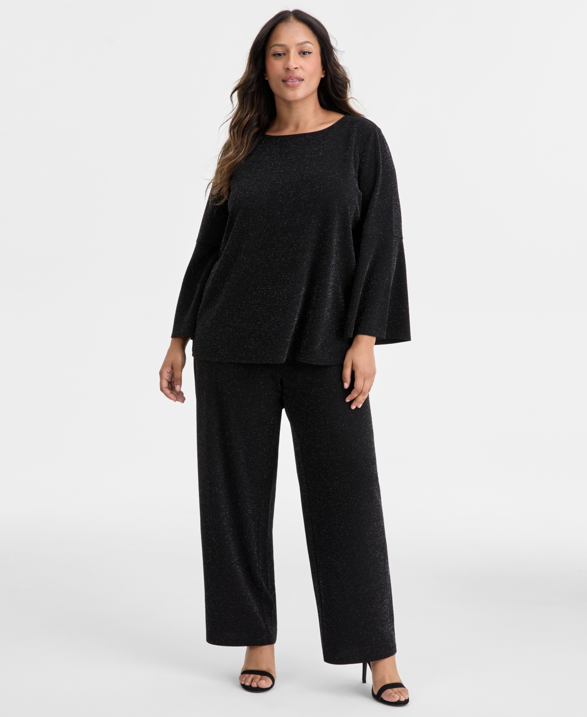 Ak Anne Klein Plus Size Bell-sleeve Knit Pullover Top In Black