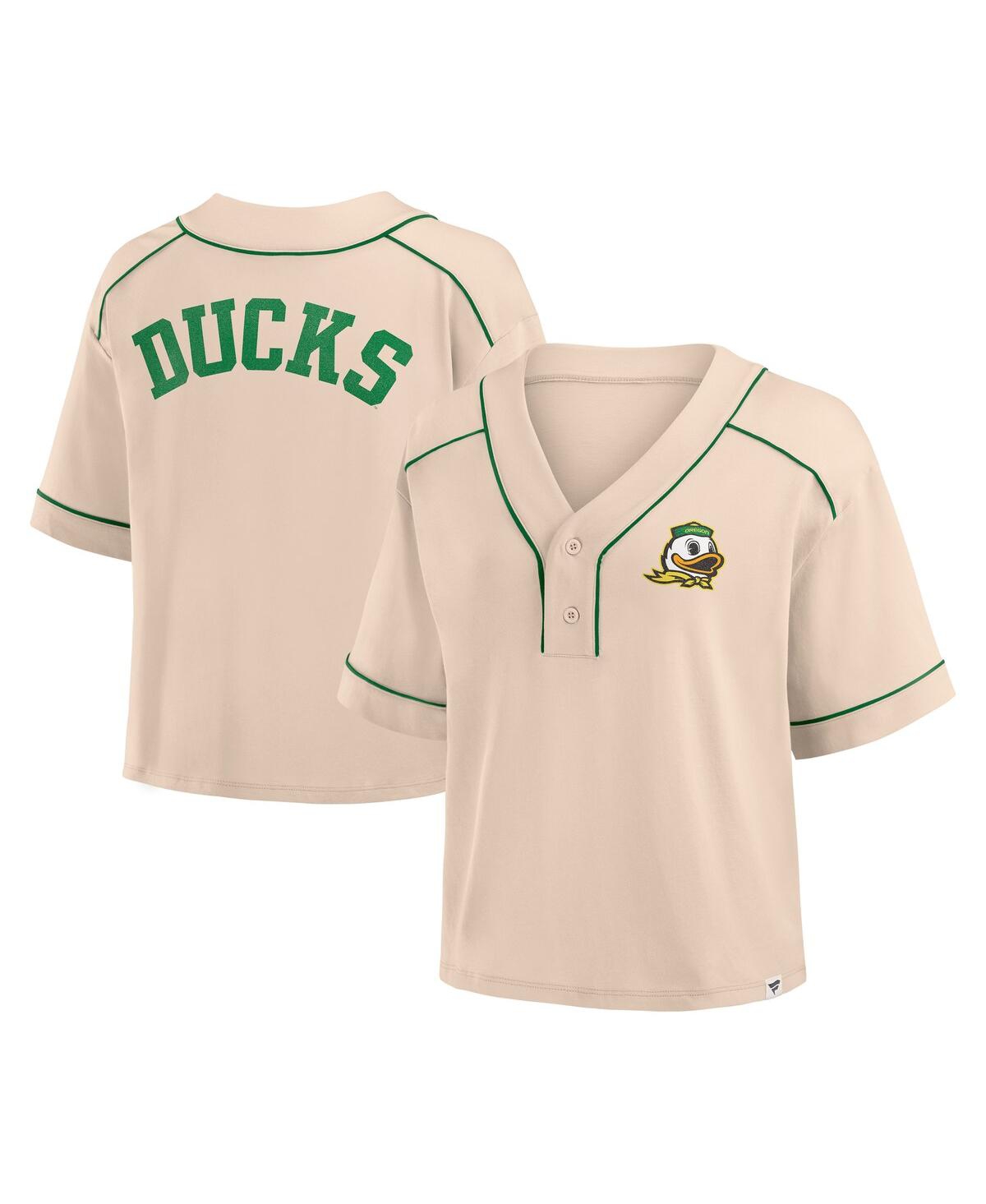 Fanatics Women's Tan Oregon Ducks Oversized Dominant Force Cropped V-neck T-shirt In Brown