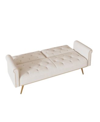 Beige Velvet Sofa Bed with Nailhead Trim & Throw Pillow