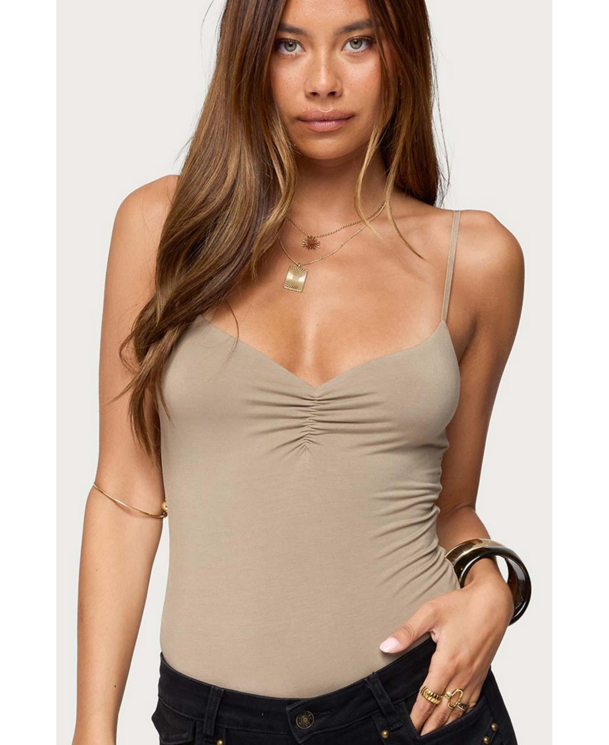 Women's Harlow Gathered V Neck Bodysuit - Tan