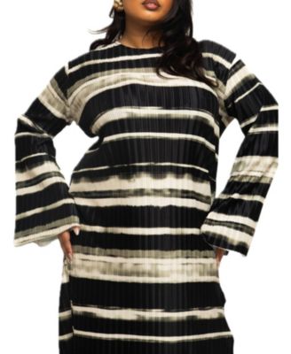 Women's Long Sleeved Striped Plisse Midi Dress