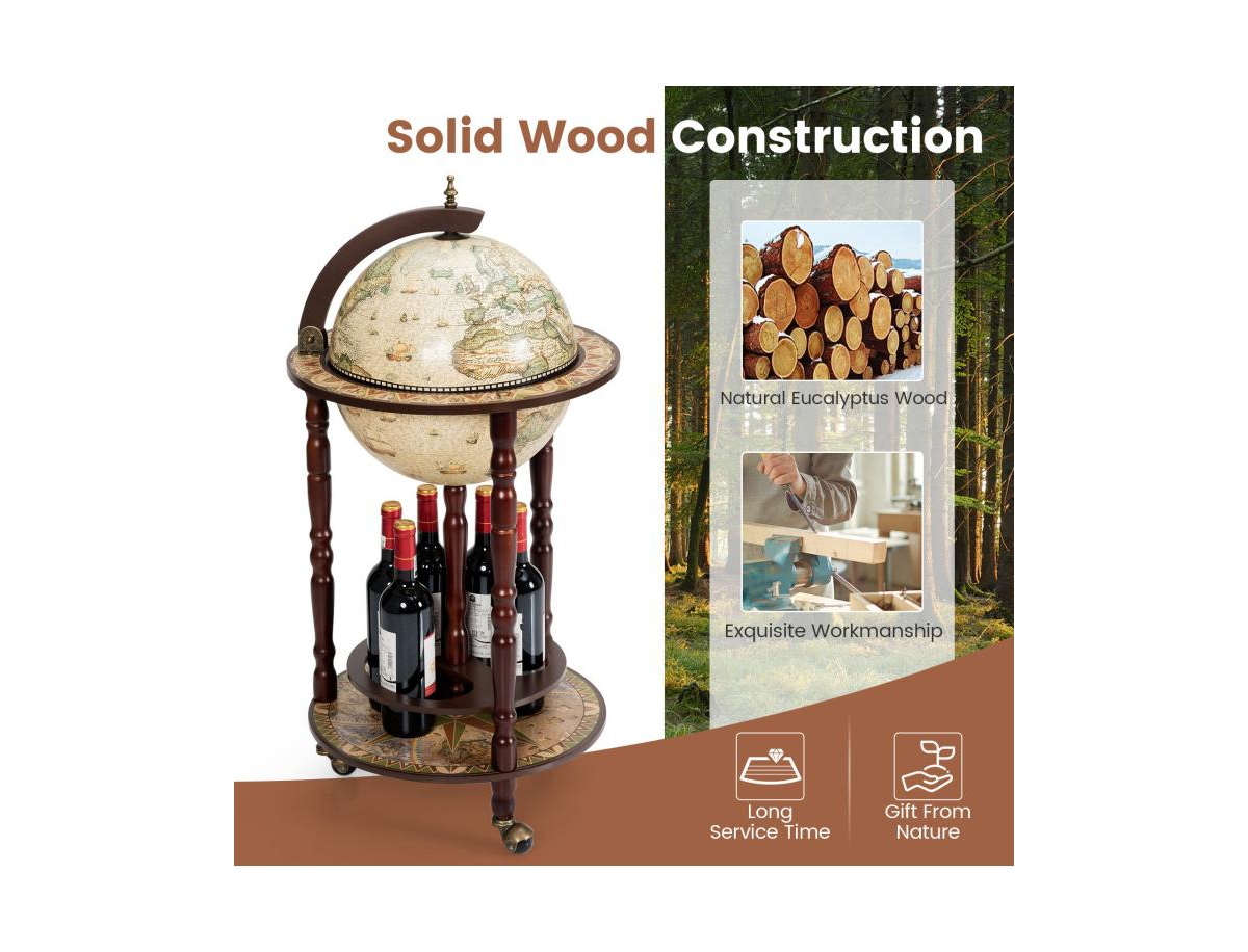 Wooden Globe Bar Cart with Wine Rack and Wheels, Classic Italian Style Design