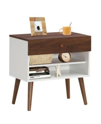 Mid-Century Nightstand with Storage Drawer and Tapered Rubber Wood Legs