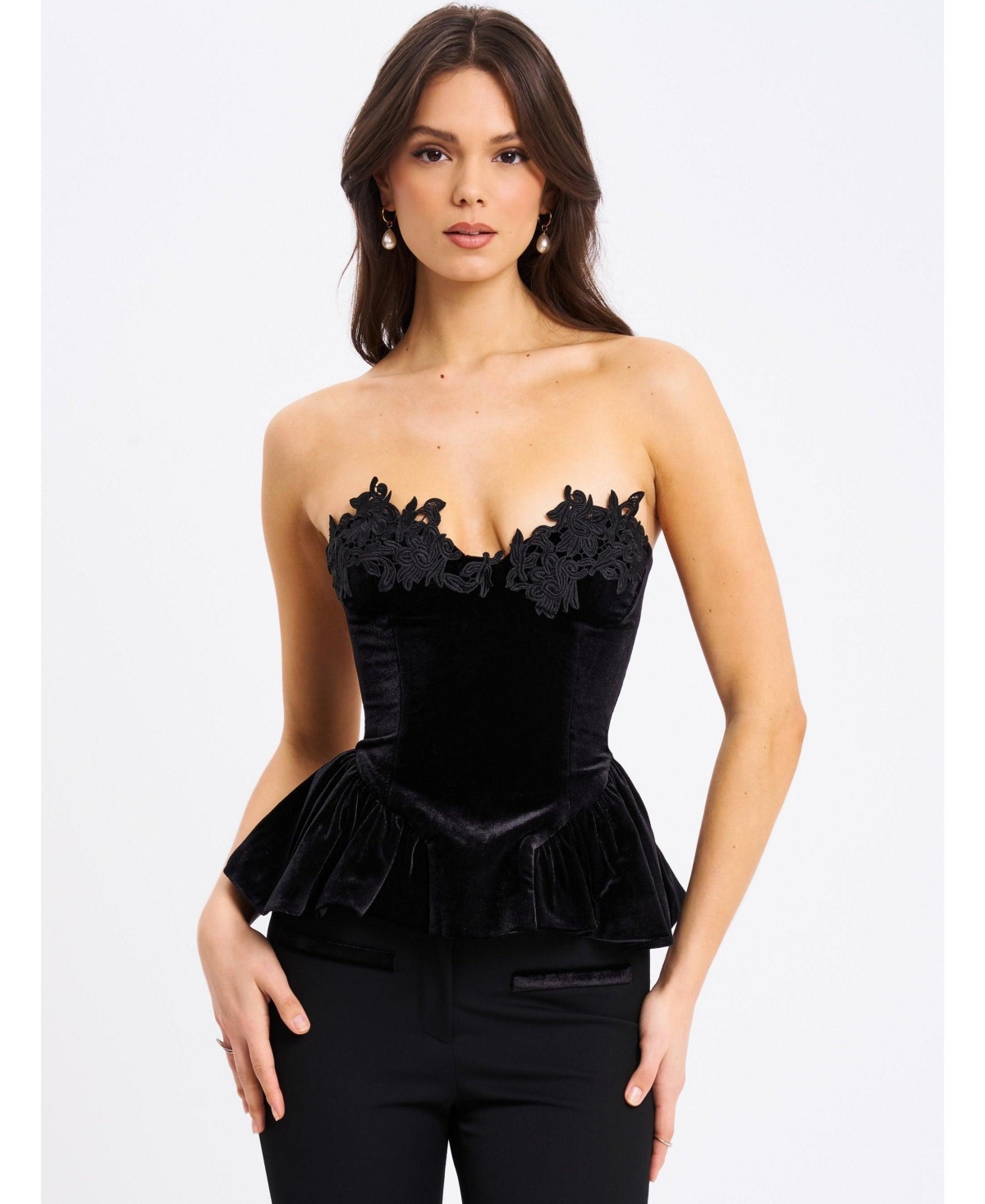 Women's Qiara Black Velvet Peplum Top with Lace Trim - Black/silver sequin