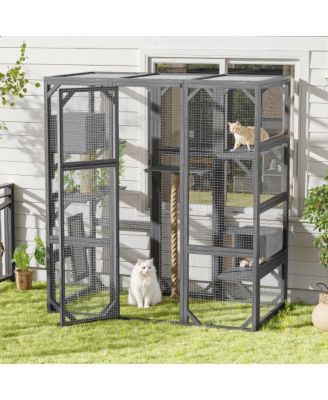 Outdoor Cat House Double Door Playpen with Condo Dark Grey