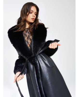 Women Zaida Black Faux Fur Trim Black Faux Leather Coat