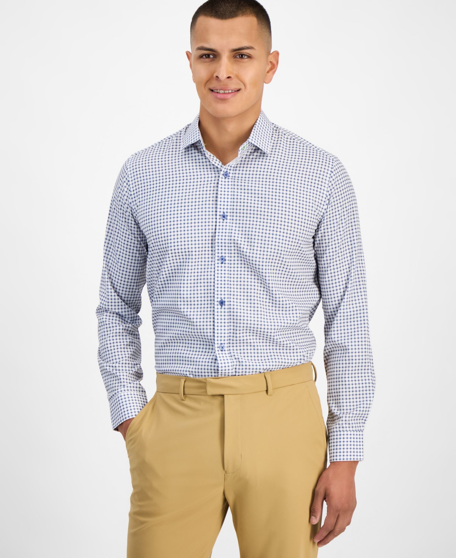 Men's Slim-Fit Performance Four-Way Stretch Mini Plaid Dress Shirt