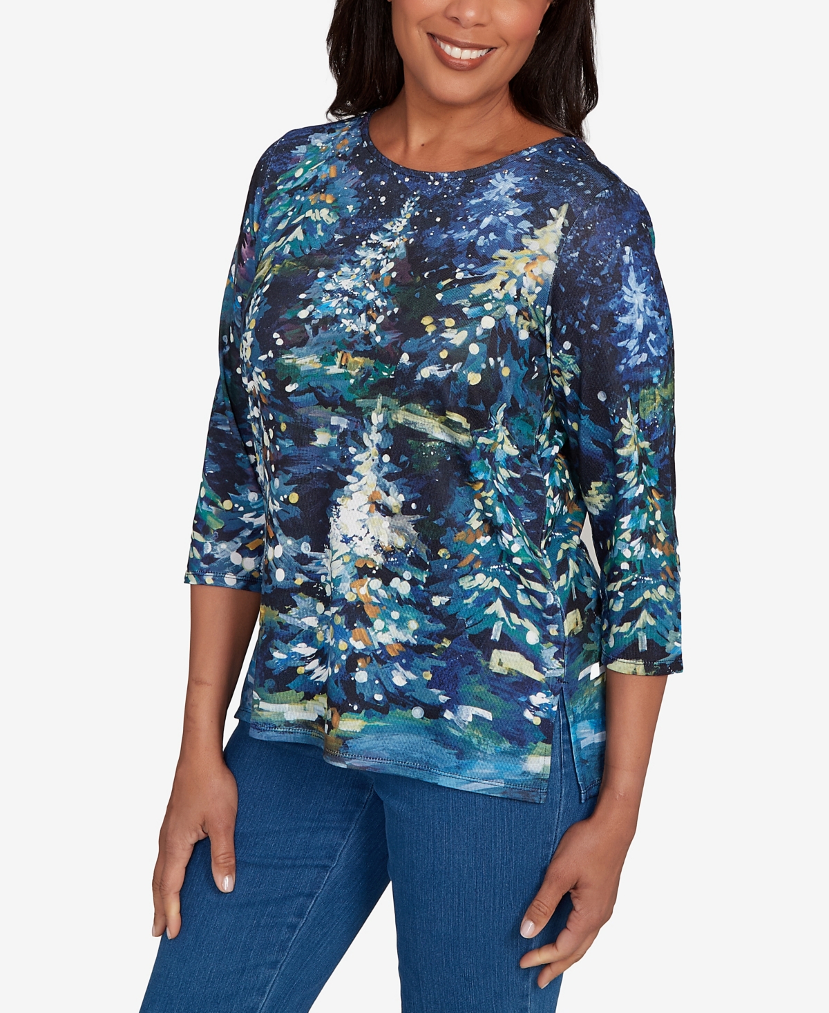 Alfred Dunner Petite Starry Night Tree Top In Blue