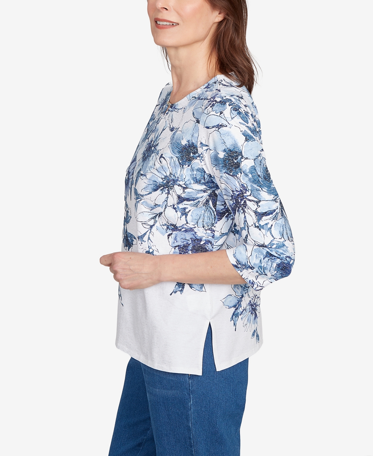 Alfred Dunner Petite Floral Split Beaded Top In Blue
