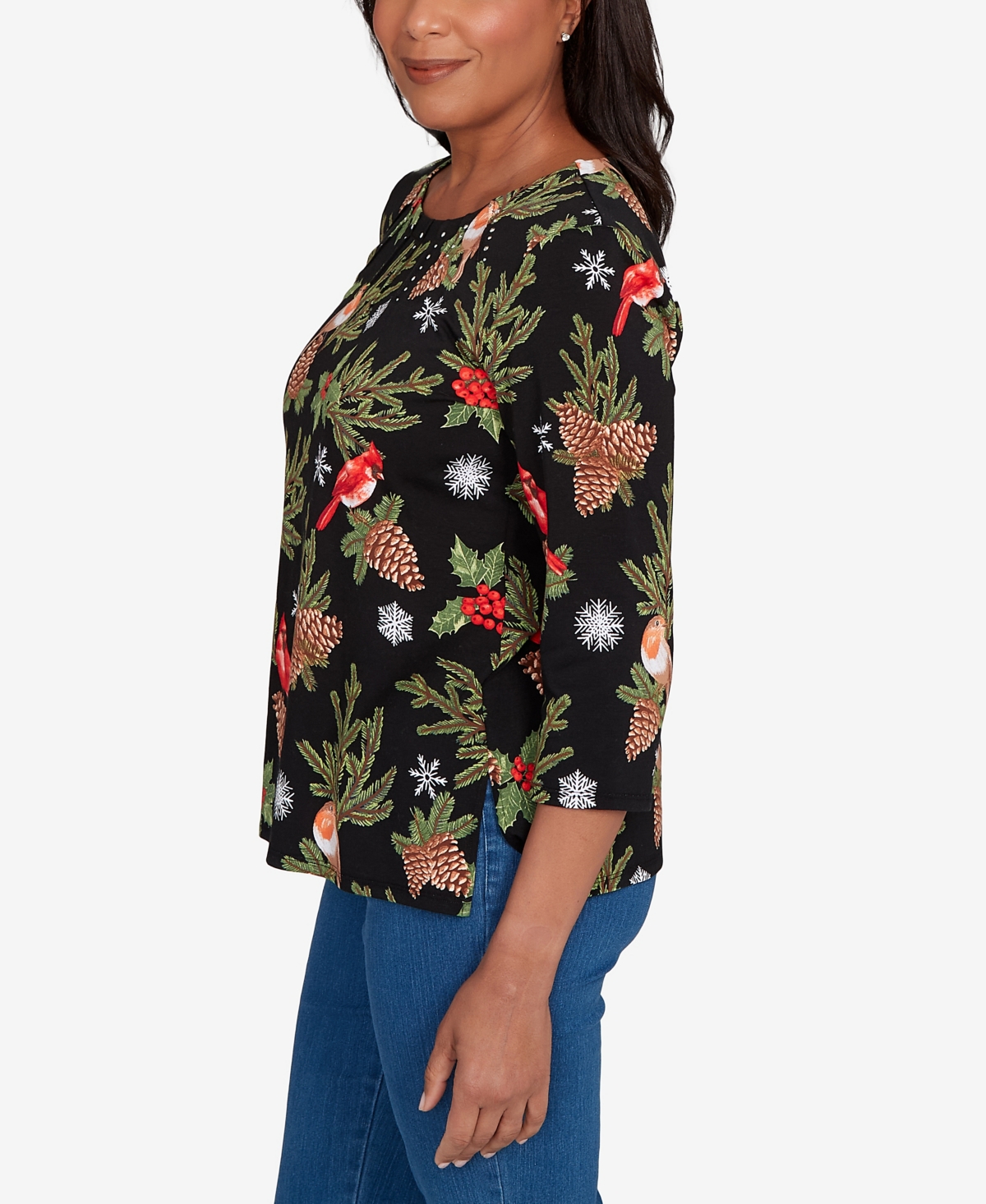 Alfred Dunner Women's Classic Cardinals And Pinecones Embellished Top In Black