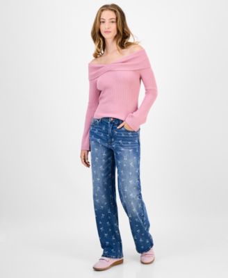 Tinseltown - Juniors' Mid-Rise Bow-Print Baggy Jeans