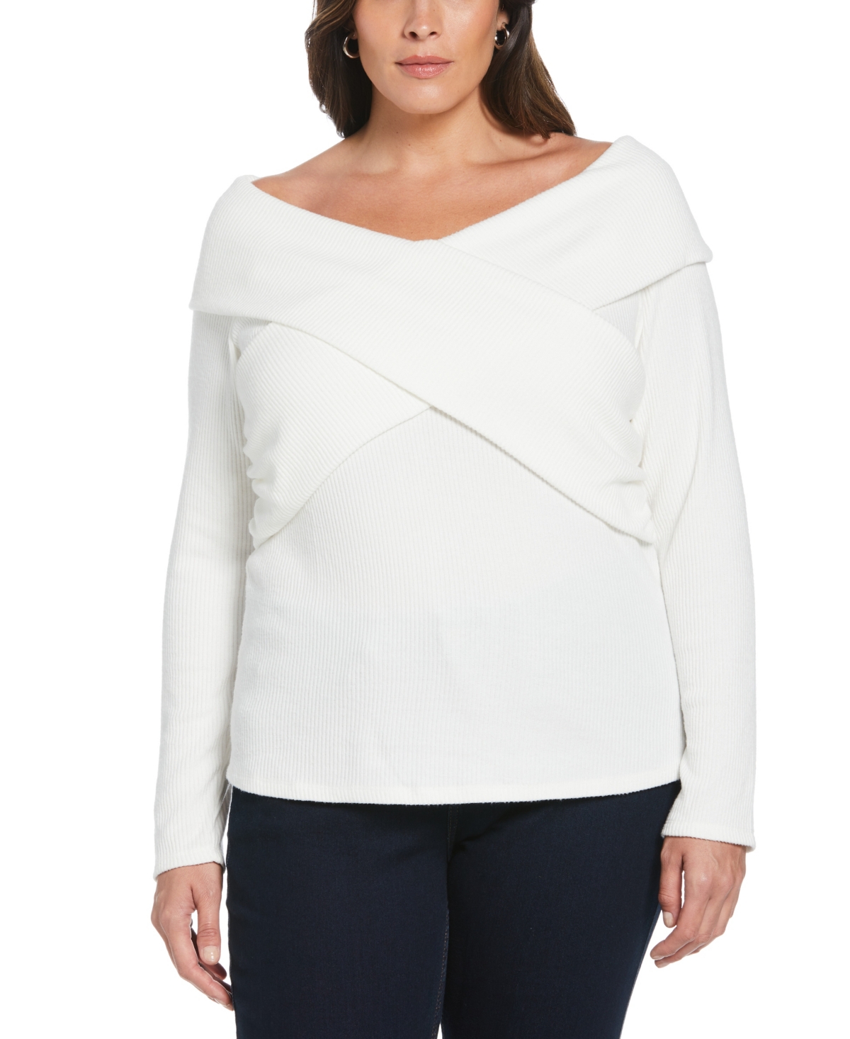 Plus Size Marilyn Ribbed Crossover Long Sleeve Top - Snow White