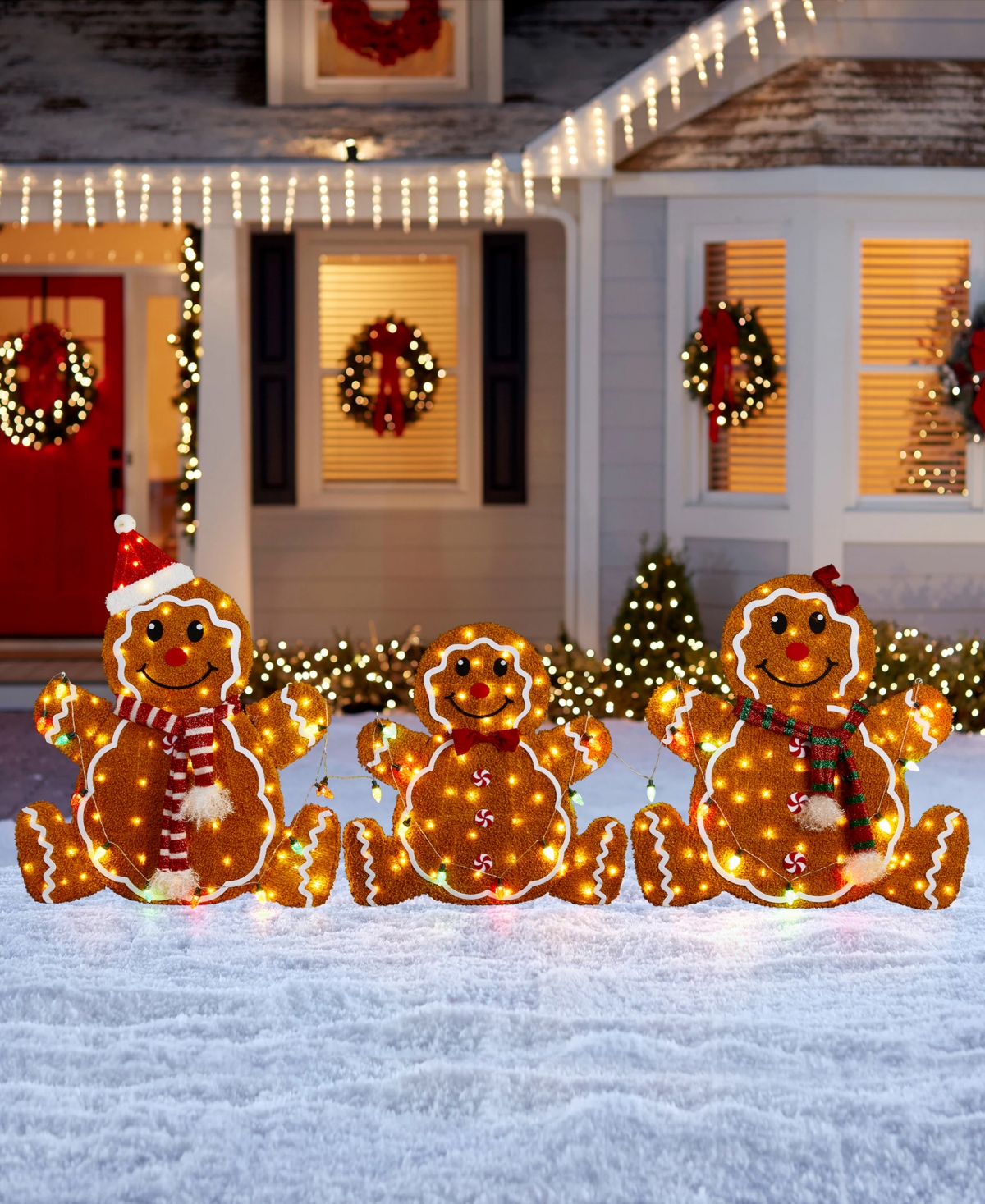 Glitzhome Lighted Fabric Christmas 2d Gingerbread Family Outdoor Decor, Set Of 3 In Multi