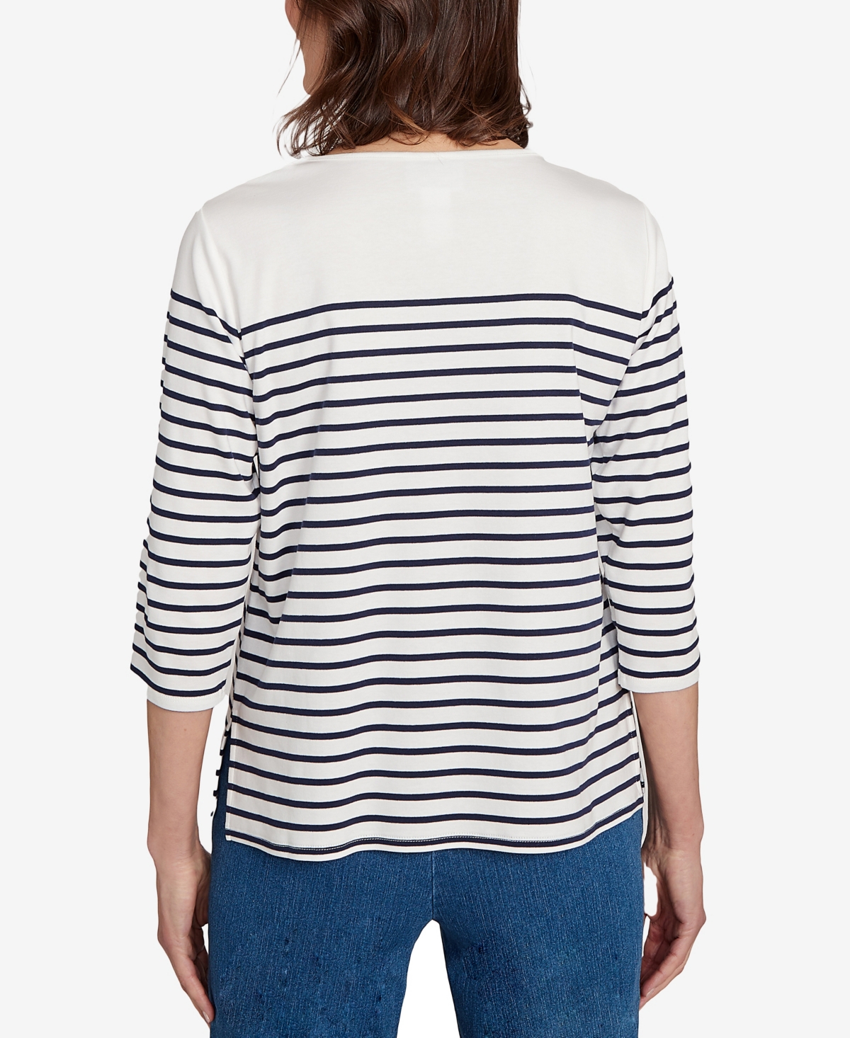 Alfred Dunner Petite Sunflower Stripe Top In Gray