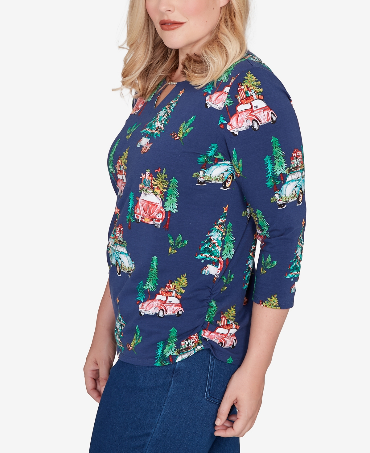 Alfred Dunner Petite Christmas Tree Beaded Top In Blue